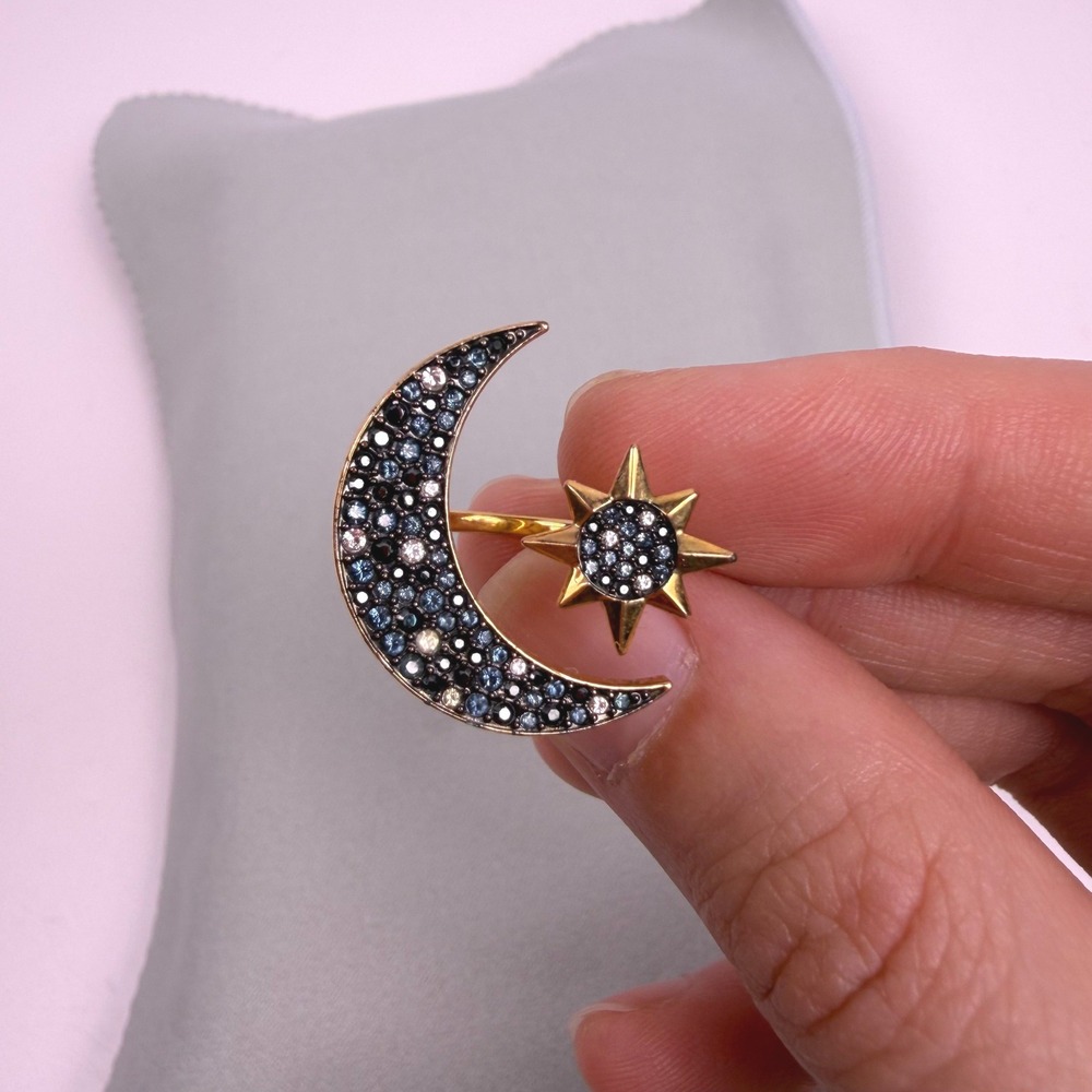 Swarovski Celestial Y2K Whimsical Women Cocktail Ring Gold Blue Crystal